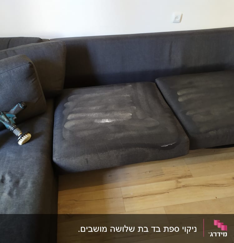 ספה אפורה עם סימני ניקוי, מברשת ומרסס